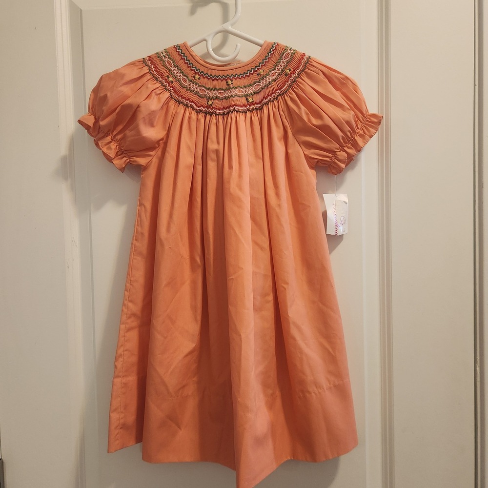 Rosalina Baby Collection Peach Smocked Bishop Dress Girls 4T Hand Embroidered